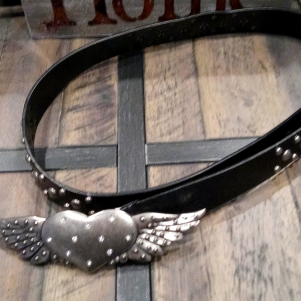 Belt With Heart and wings rhinestone and metal studed.
